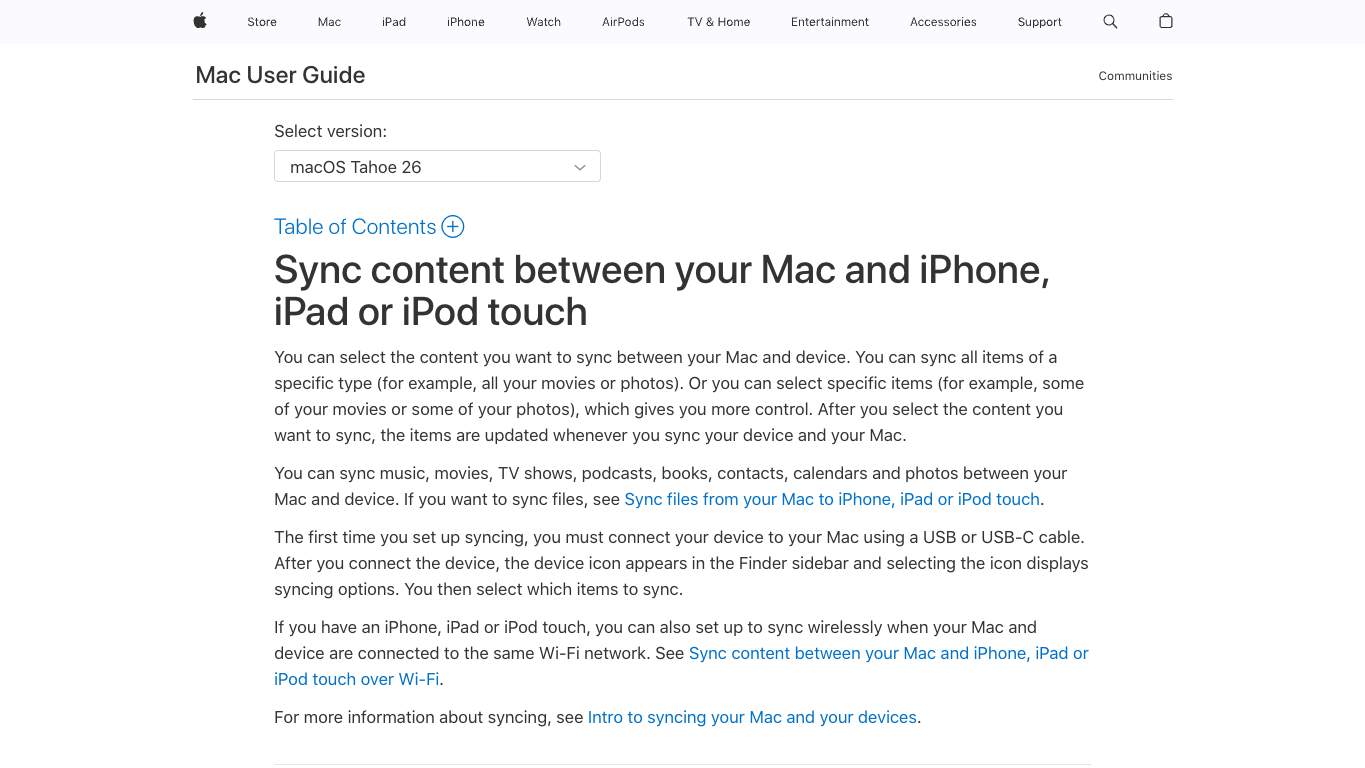 Apple Mac User Guide page for syncing content between a Mac and iPhone