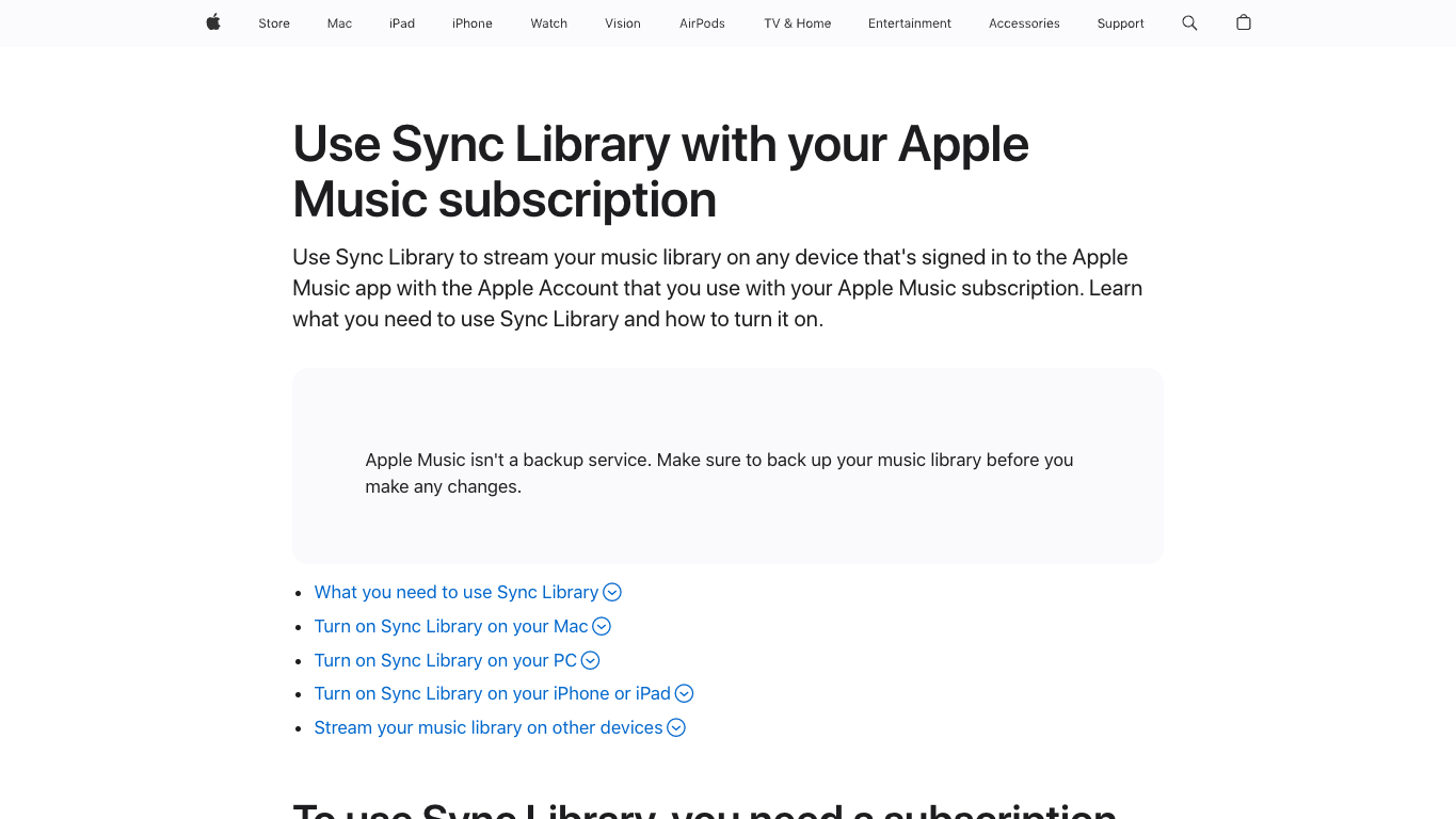 Apple Sync Library support page for using Apple Music across devices