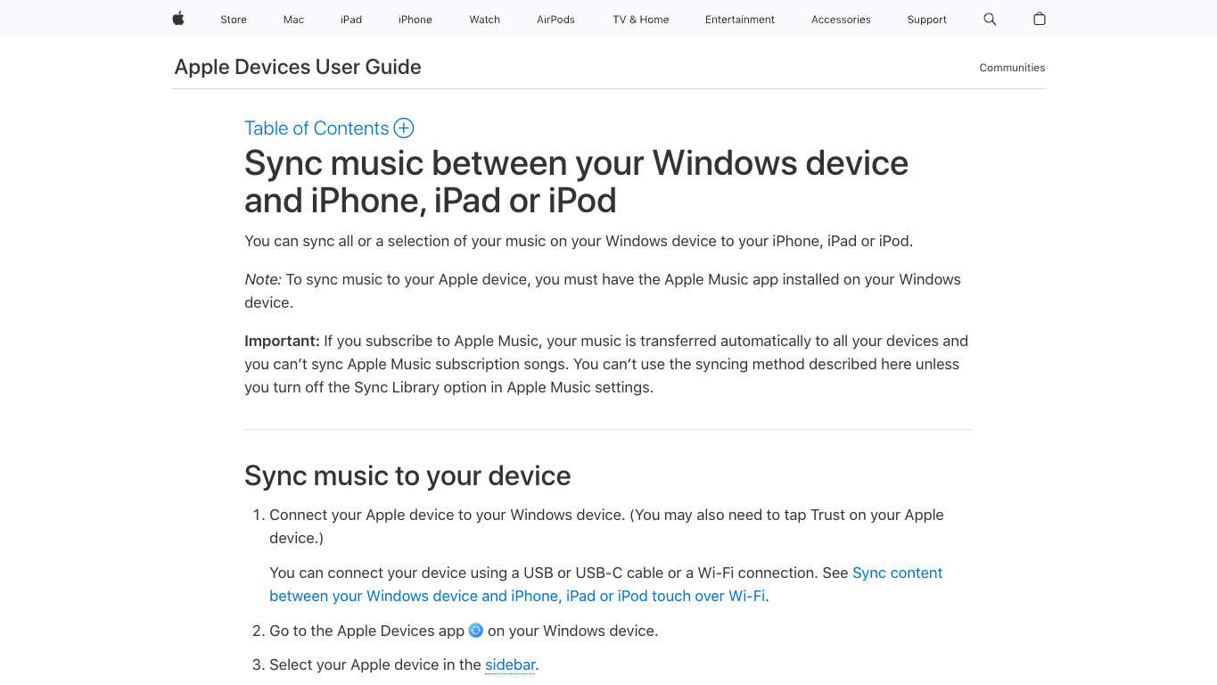 Apple Devices User Guide page for syncing music from Windows to iPhone
