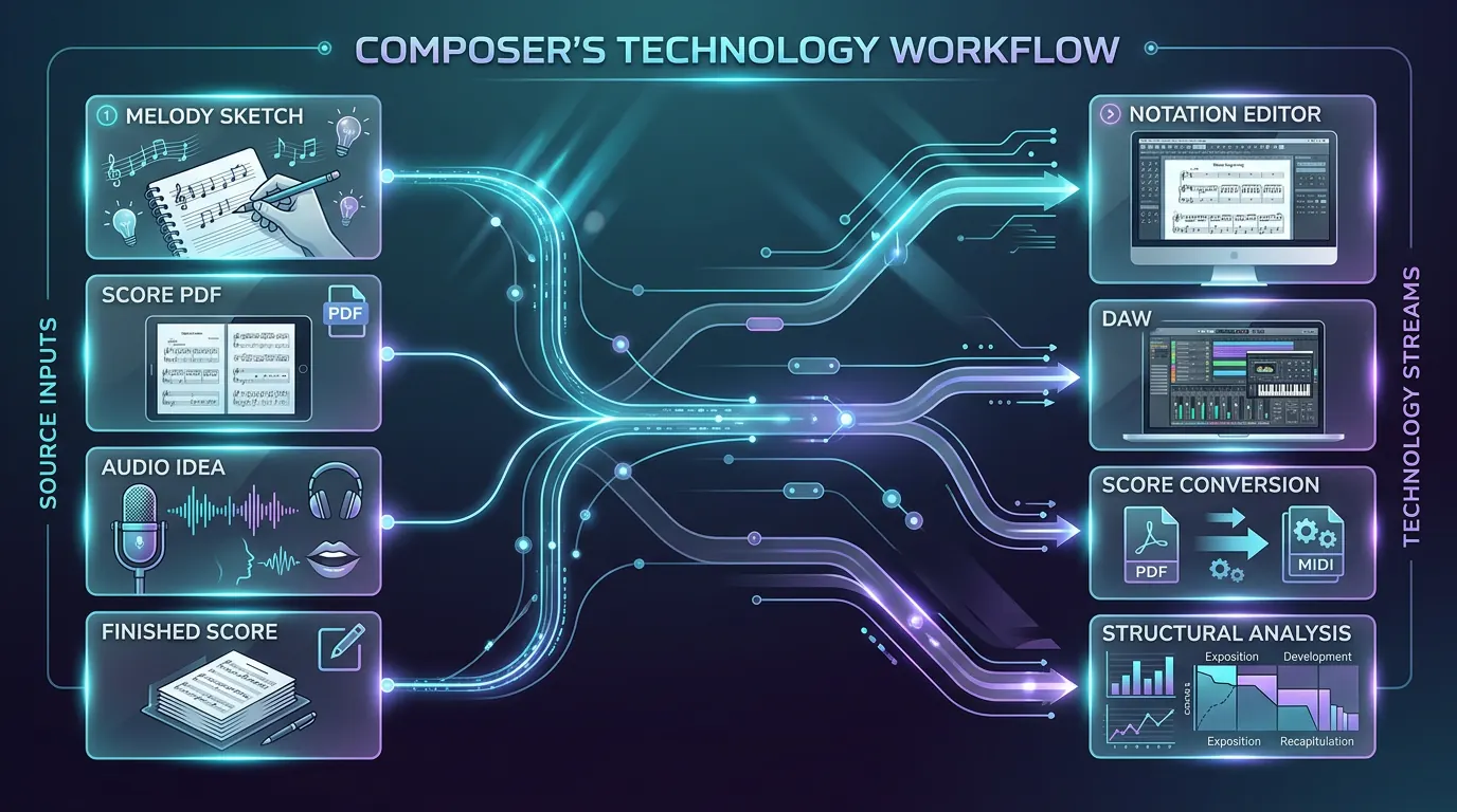 Mappa della tecnologia per comporre musica con input verso notazione, DAW, conversione e analisi strutturale