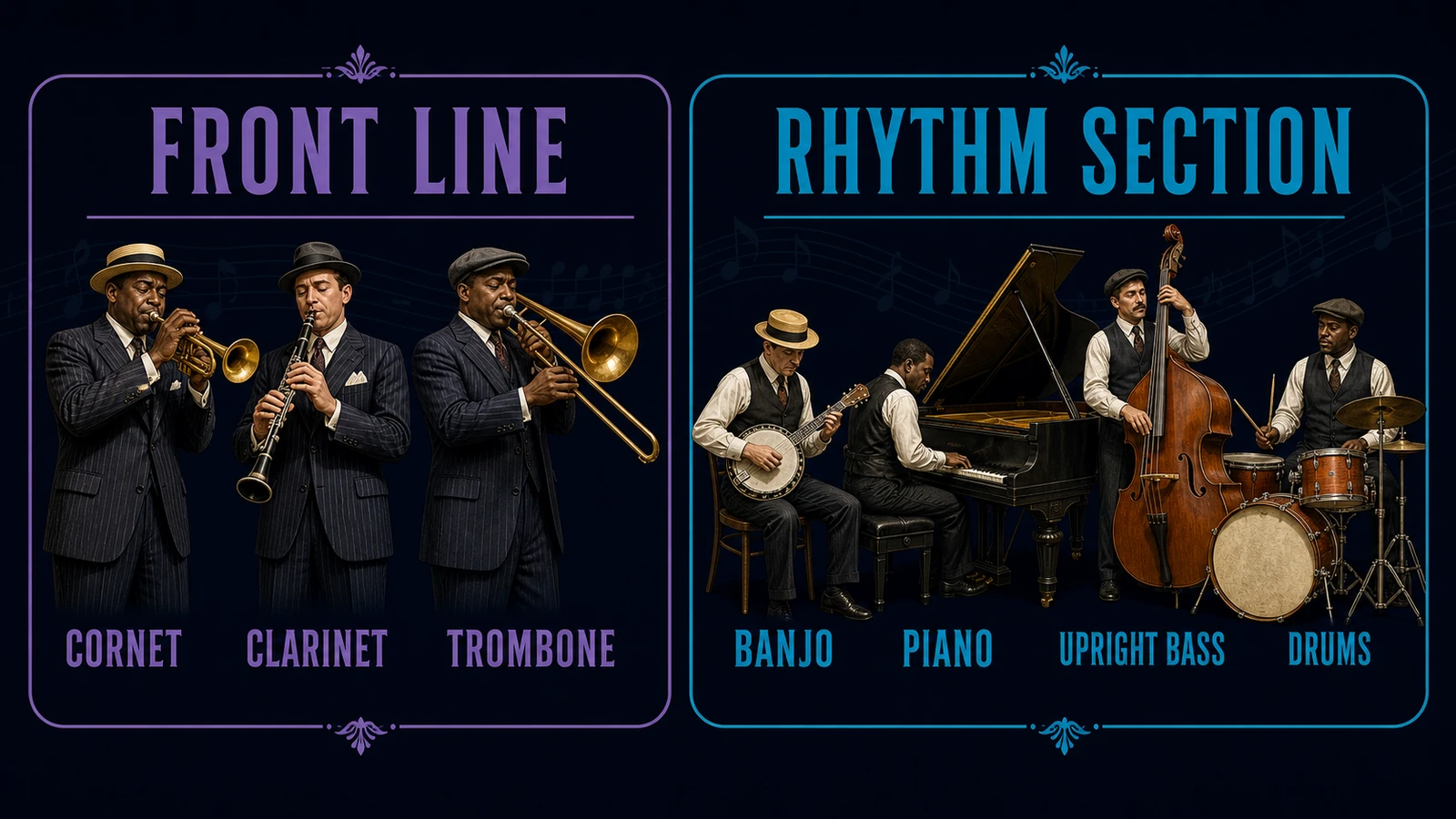 Traditional jazz band front-line and rhythm-section roles