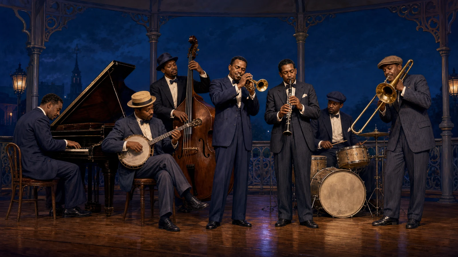 Traditional jazz band with cornet, clarinet, trombone, banjo, piano, upright bass, and drums performing together
