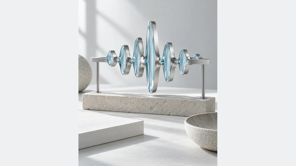 Scultura concettuale di un’onda sonora in vetro blu su un supporto argentato