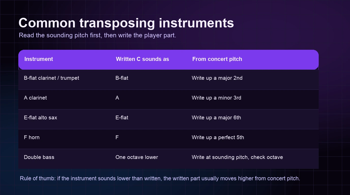 Common transposing instruments with written C, sounding pitch, and concert-pitch writing rules