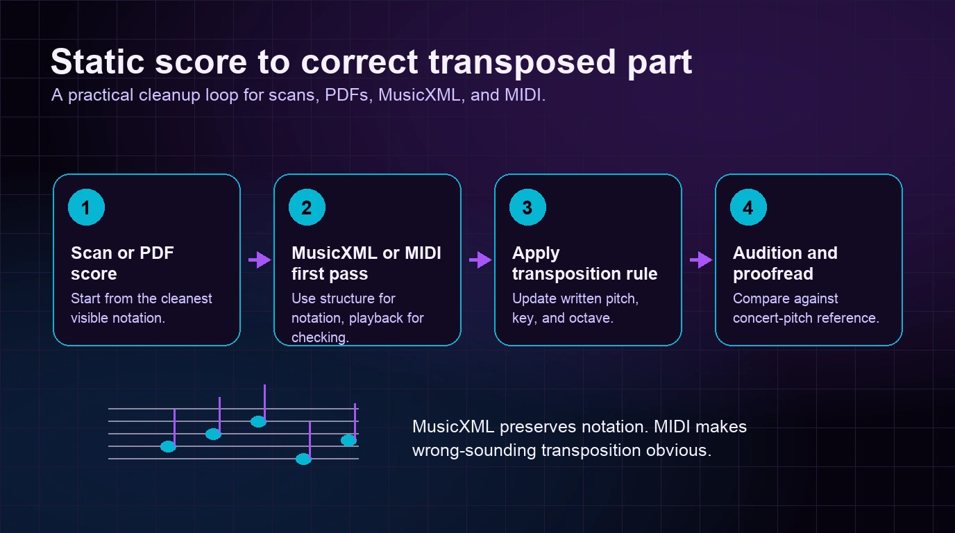 Workflow from static score to MusicXML or MIDI, transposition rule, and playback proofread