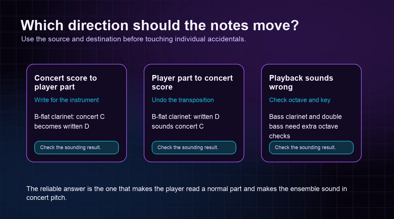 Decision visual showing concert score to player part, player part to concert score, and playback troubleshooting