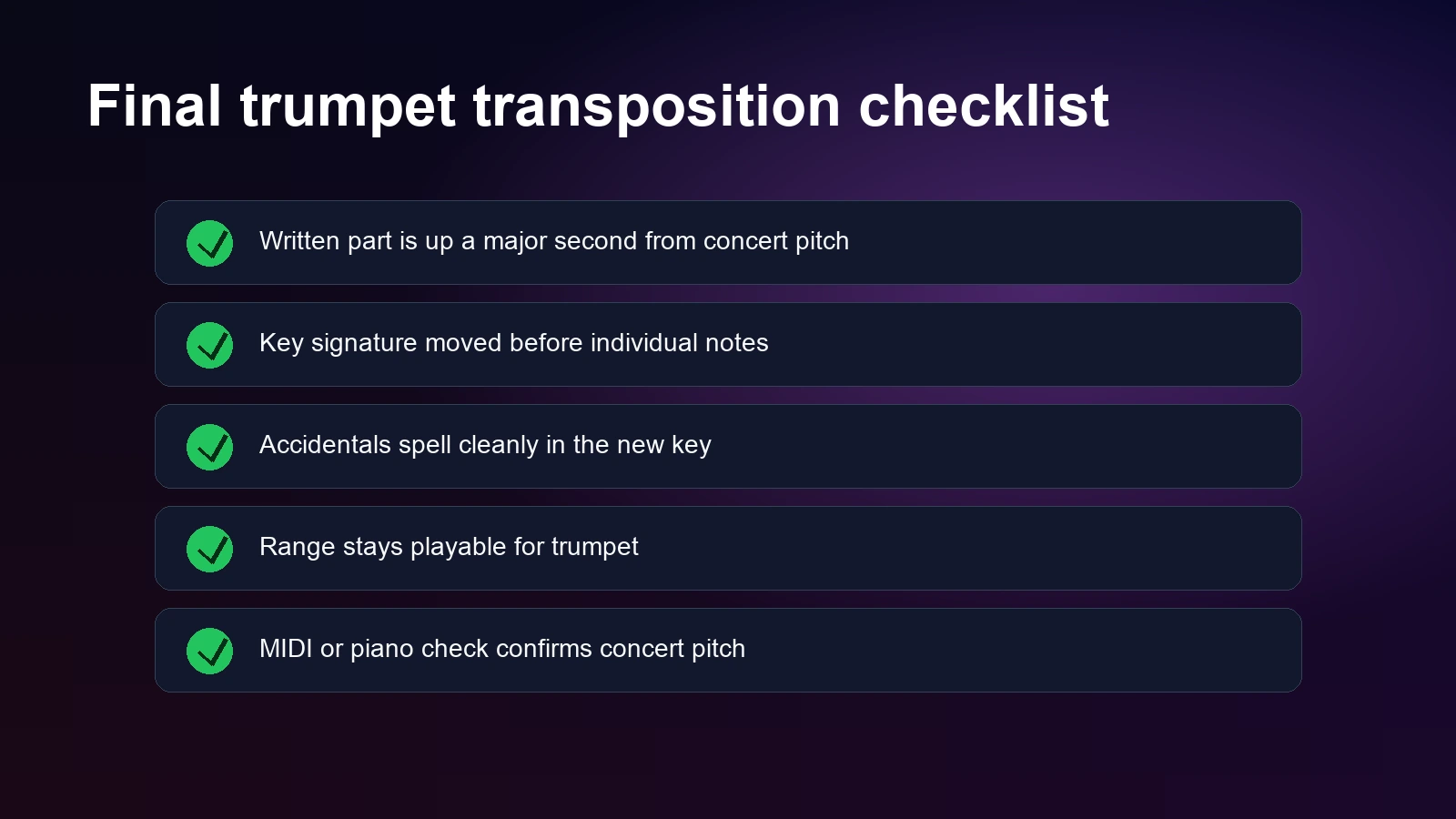 Trumpet transposition checklist for written pitch, key signature, accidentals, range, and playback