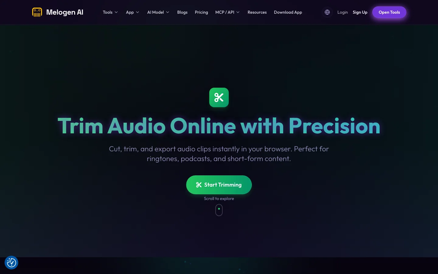 Melogen Music Trimmer page for editing permitted local audio