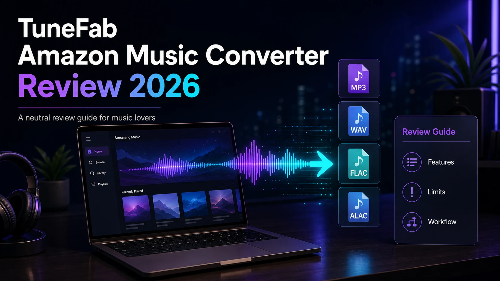 Neutral TuneFab Amazon Music Converter review guide with audio file format tiles