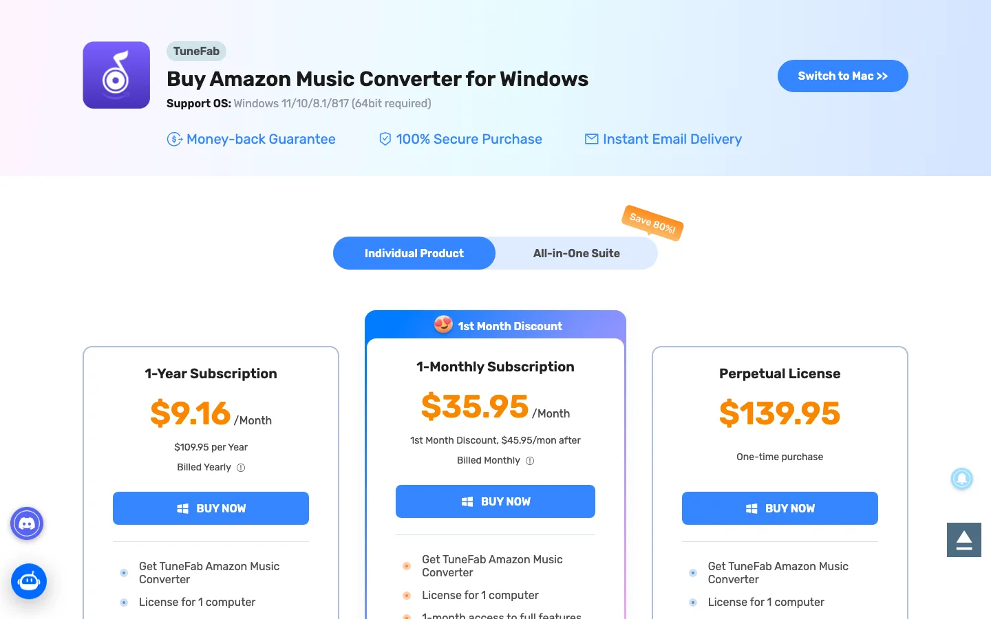 TuneFab Amazon Music Converter store page with license options