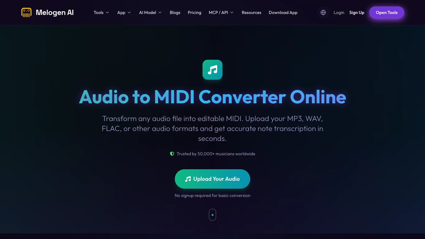 Melogen Audio to MIDI public page screenshot