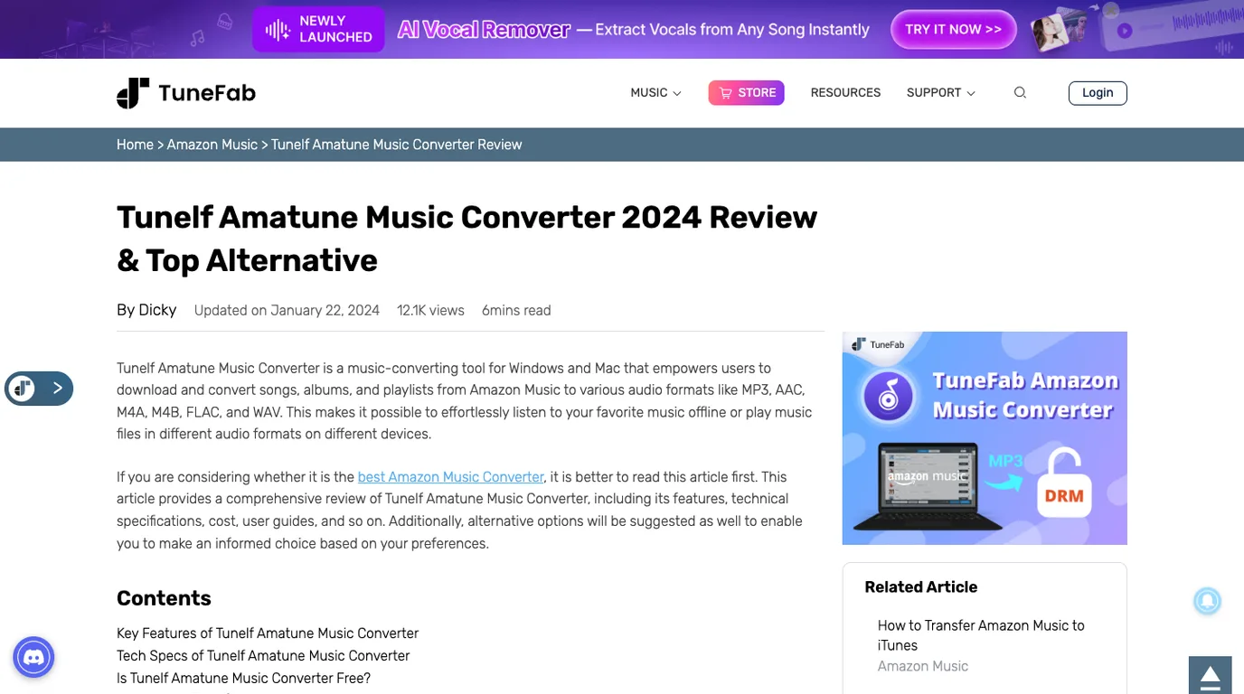 TuneFab page reviewing Tunelf Amatune Music Converter