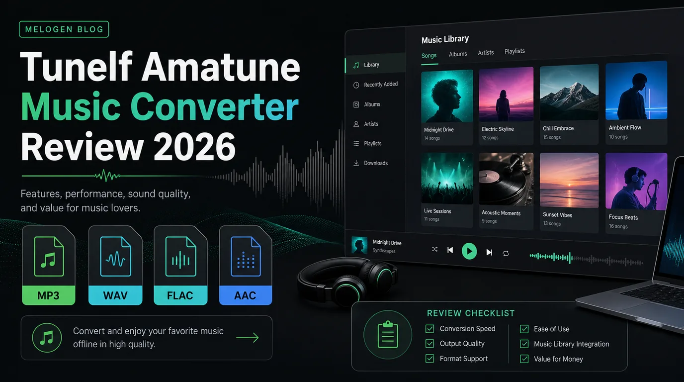Tunelf Amatune Music Converter review dashboard with audio format cards and a local music library