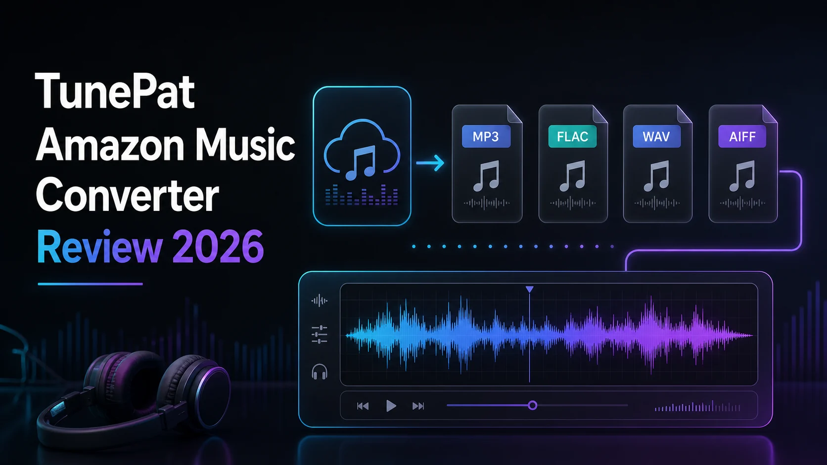 TunePat Amazon Music Converter review workflow with audio format cards and a local waveform editor