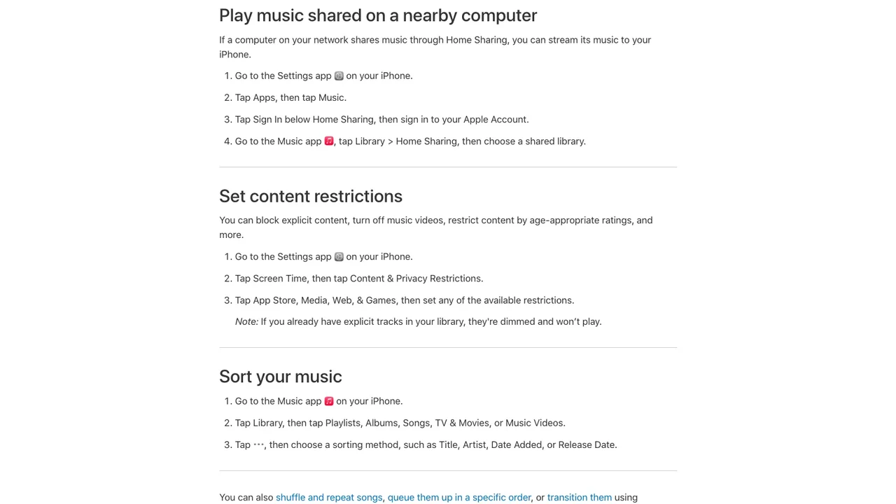 Apple iPhone User Guide showing the current Screen Time path for music content restrictions