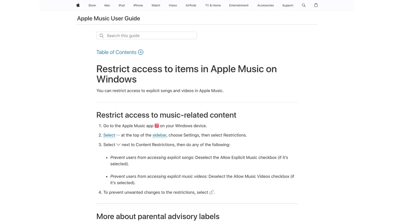 Apple Music User Guide showing the Restrictions panel steps for explicit songs on Windows