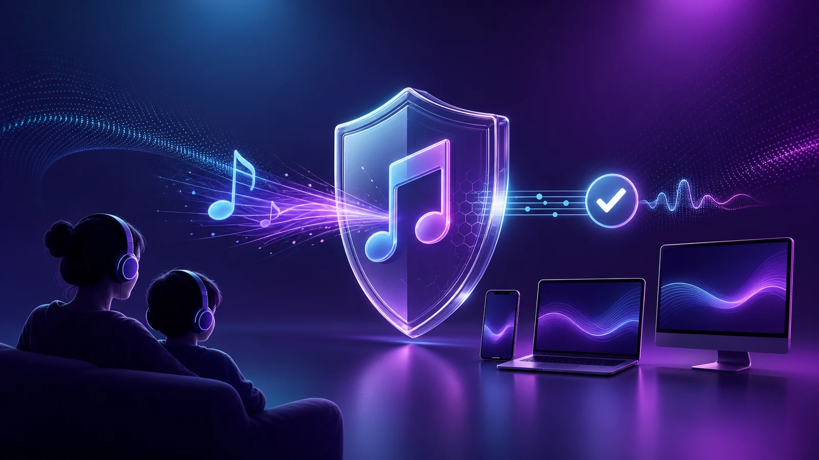 Family listening setup with a music content filter across phone and computer devices