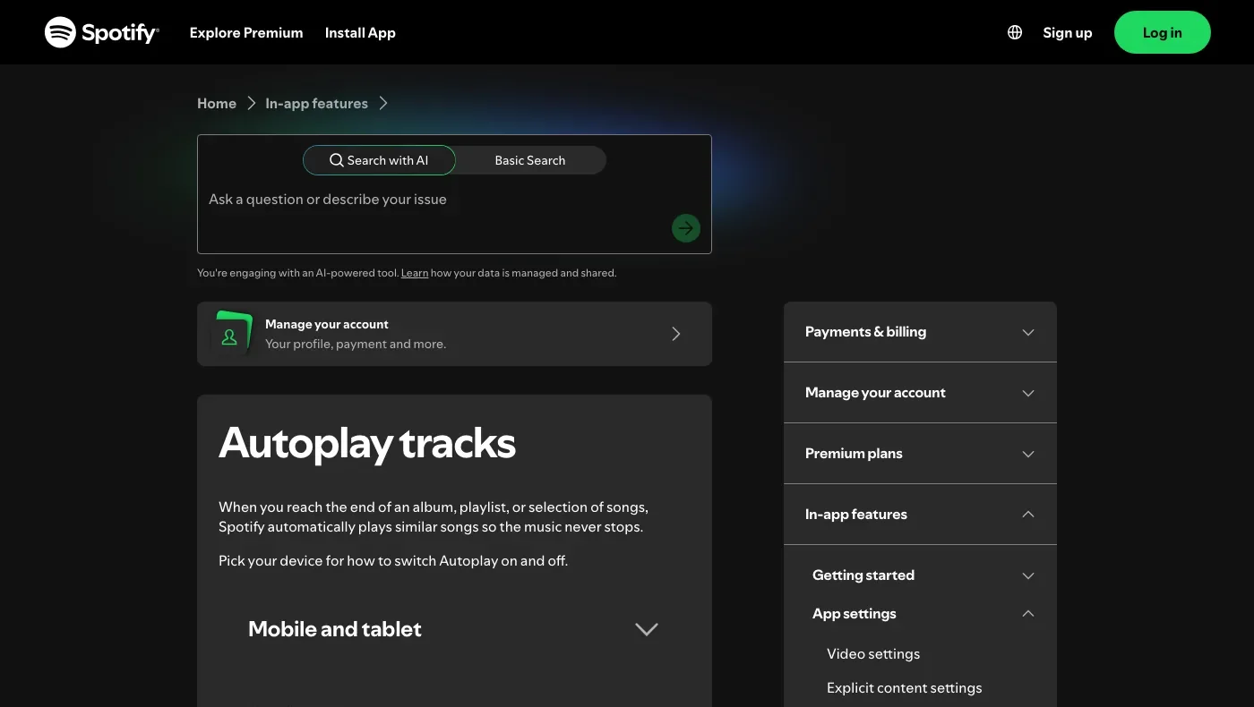 Spotify support page explaining autoplay tracks and device settings