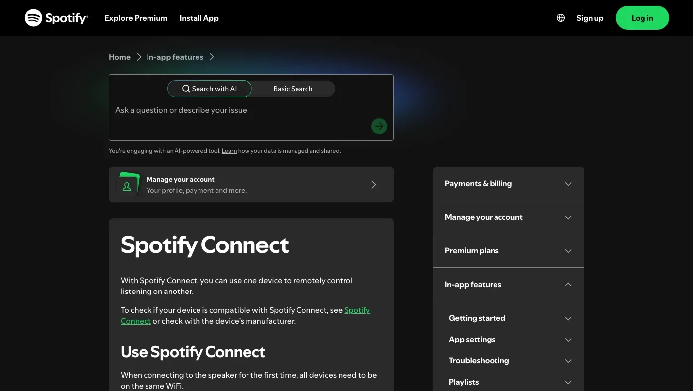 Spotify Connect support page explaining remote device playback control