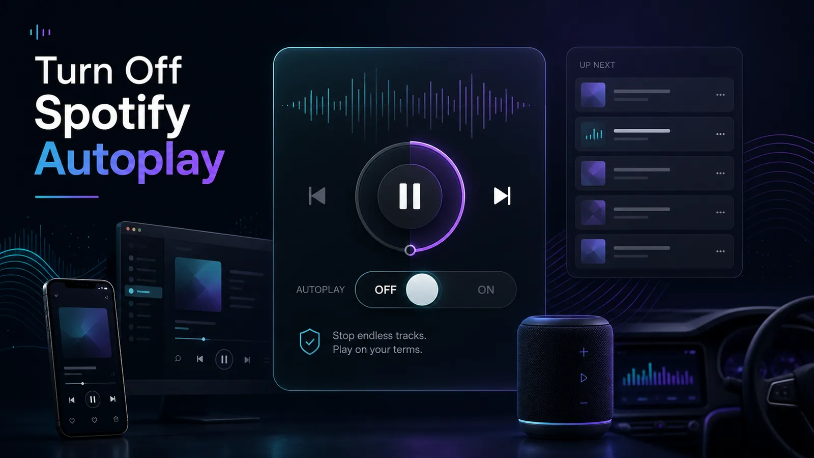Music controls showing Spotify autoplay disabled across phone desktop speaker and car contexts