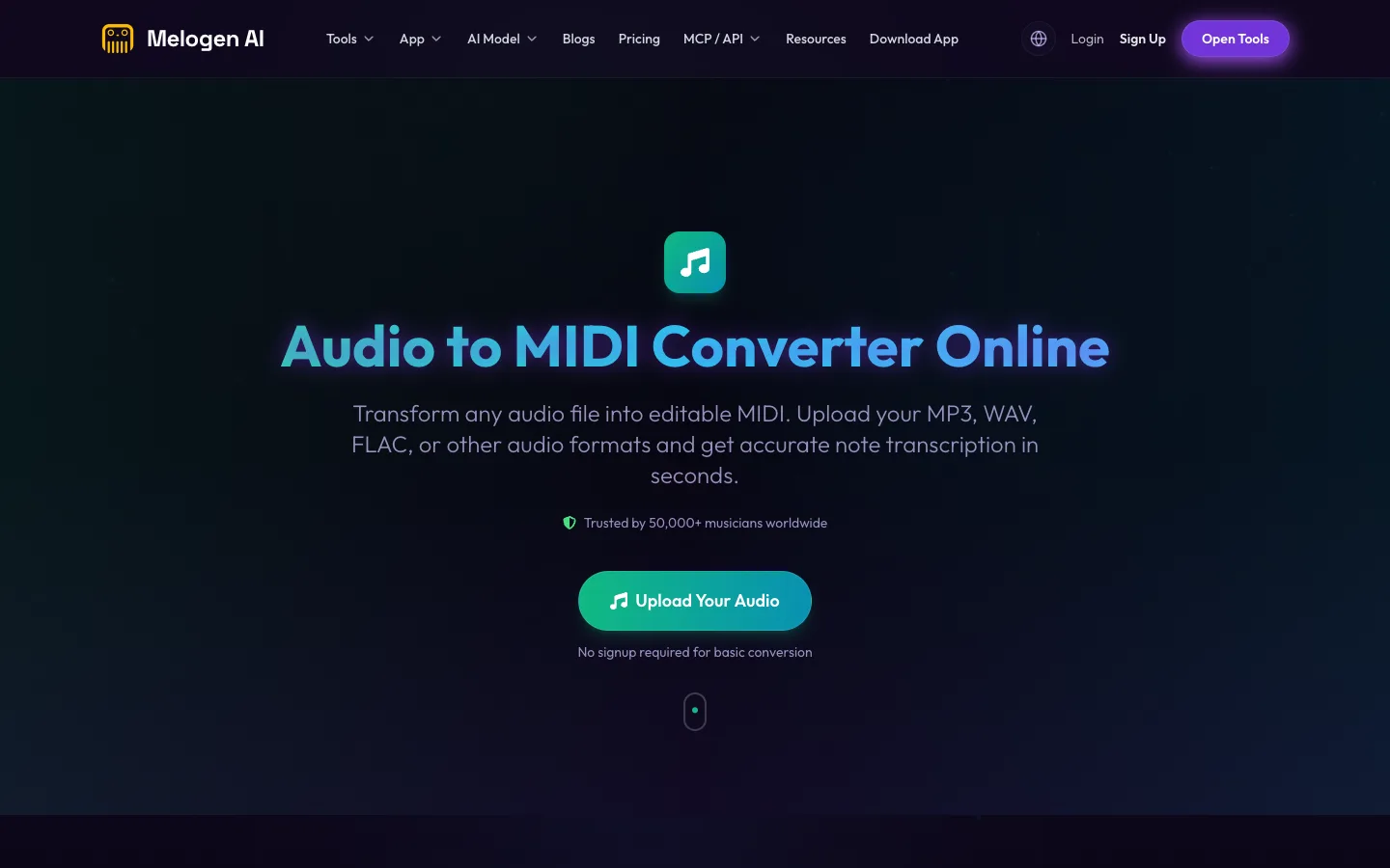 Melogen Audio to MIDI page for converting audio into editable MIDI