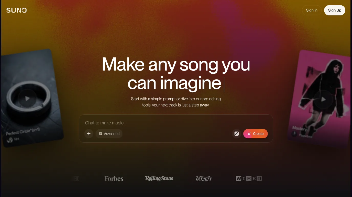 Suno official page showing a prompt-based music generation surface