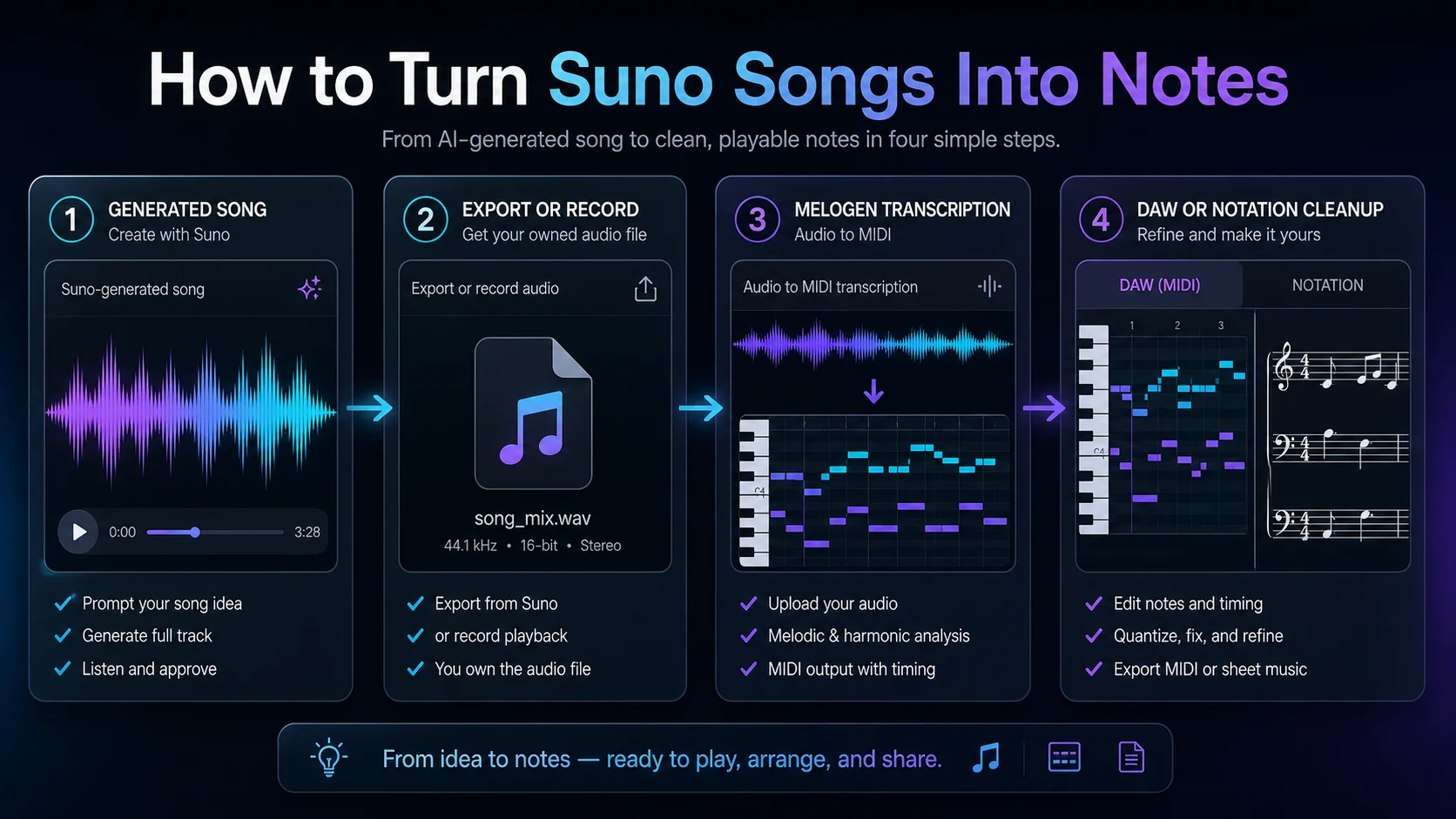Four-step workflow for turning Suno audio into notes with Melogen transcription and cleanup