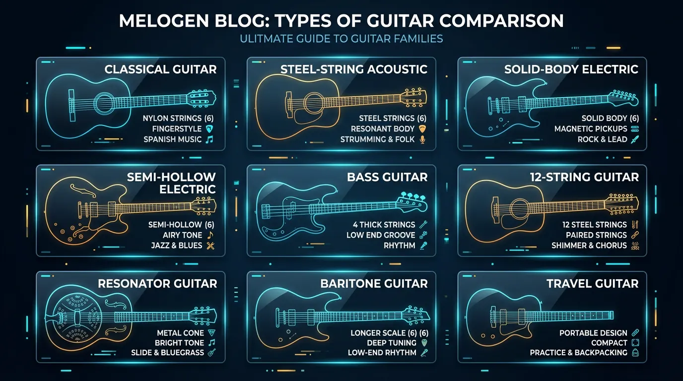 Types of guitar family map comparing body style, sound character, and typical use