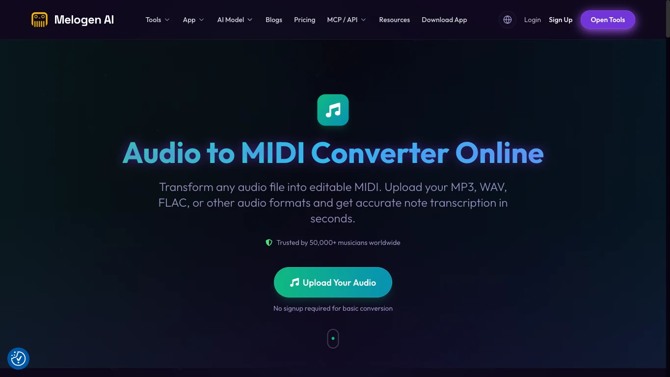 Melogen Audio to MIDI page showing the browser upload workflow for turning audio into editable MIDI