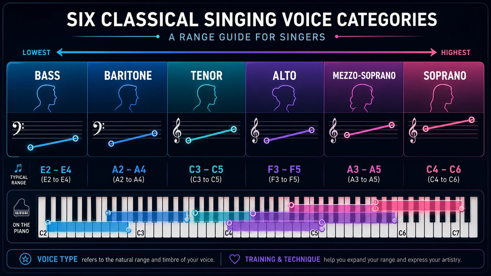 Singing voice range ladder from bass to soprano with staff lines and piano-roll cues