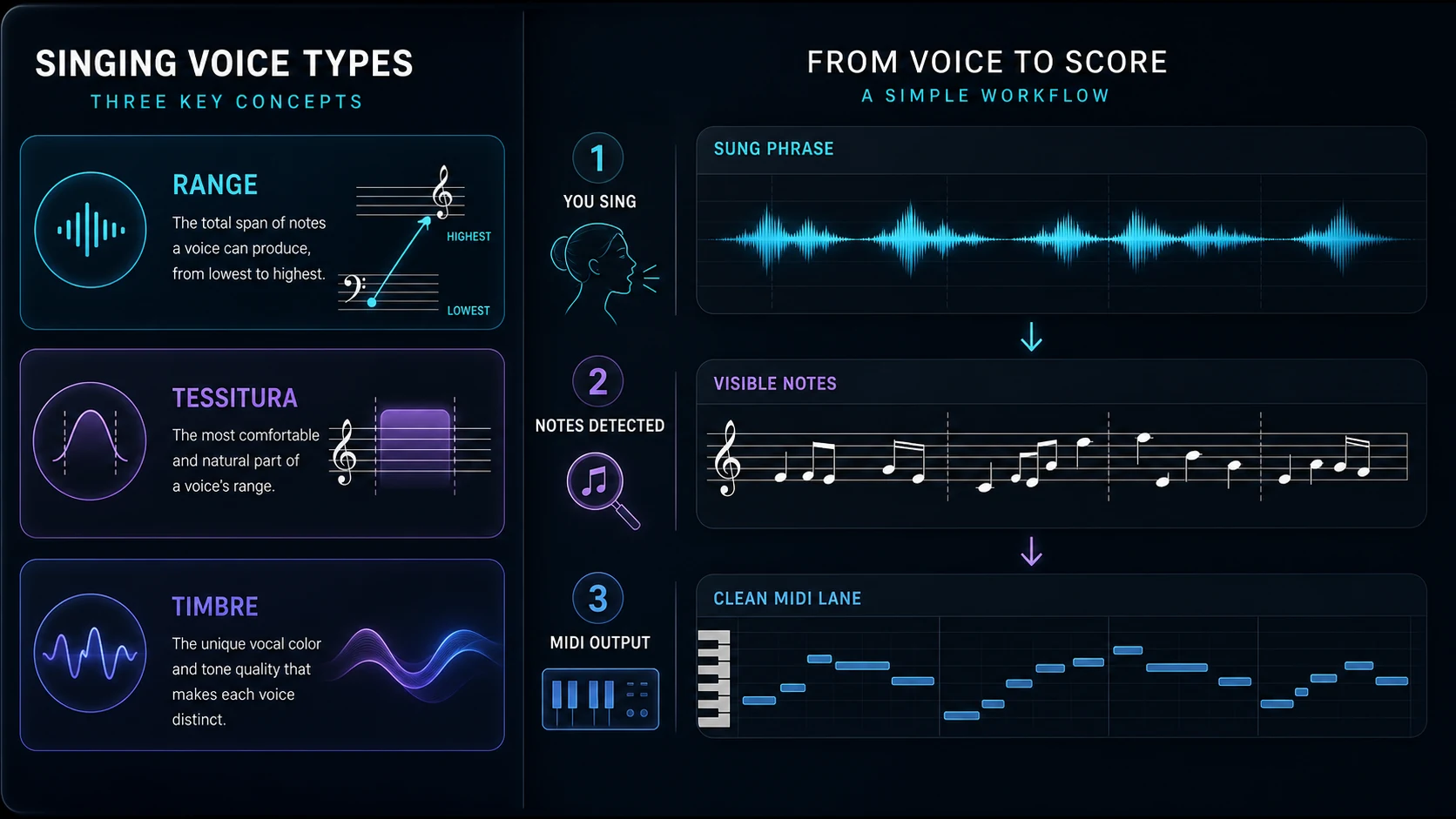 Voice type concepts showing range, tessitura, timbre, and a sung phrase becoming visible notes and MIDI