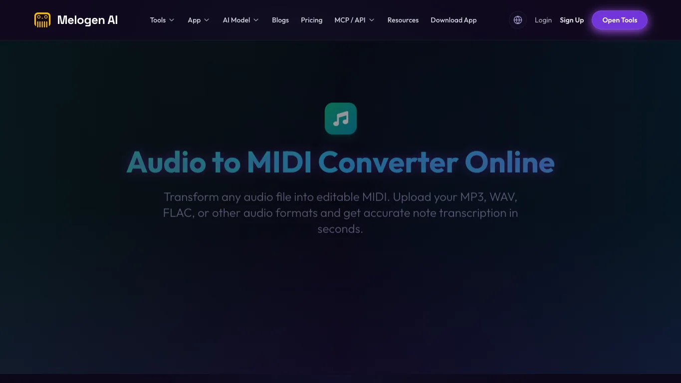 Melogen Audio to MIDI product page screenshot for owned audio workflows