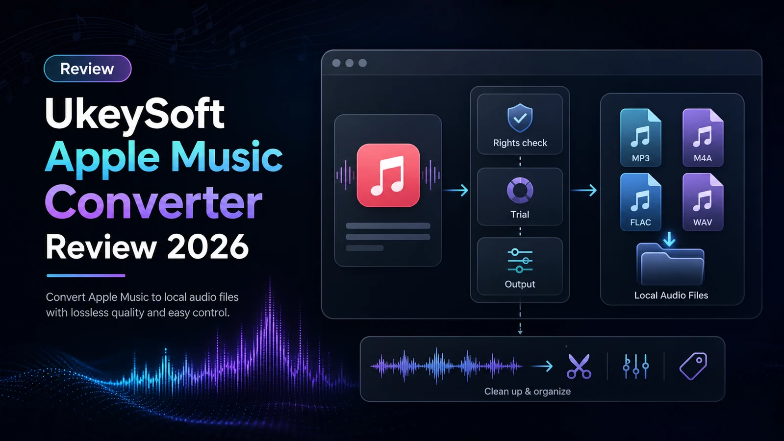 Editorial cover for a UkeySoft Apple Music Converter review with trial, output, and rights checks
