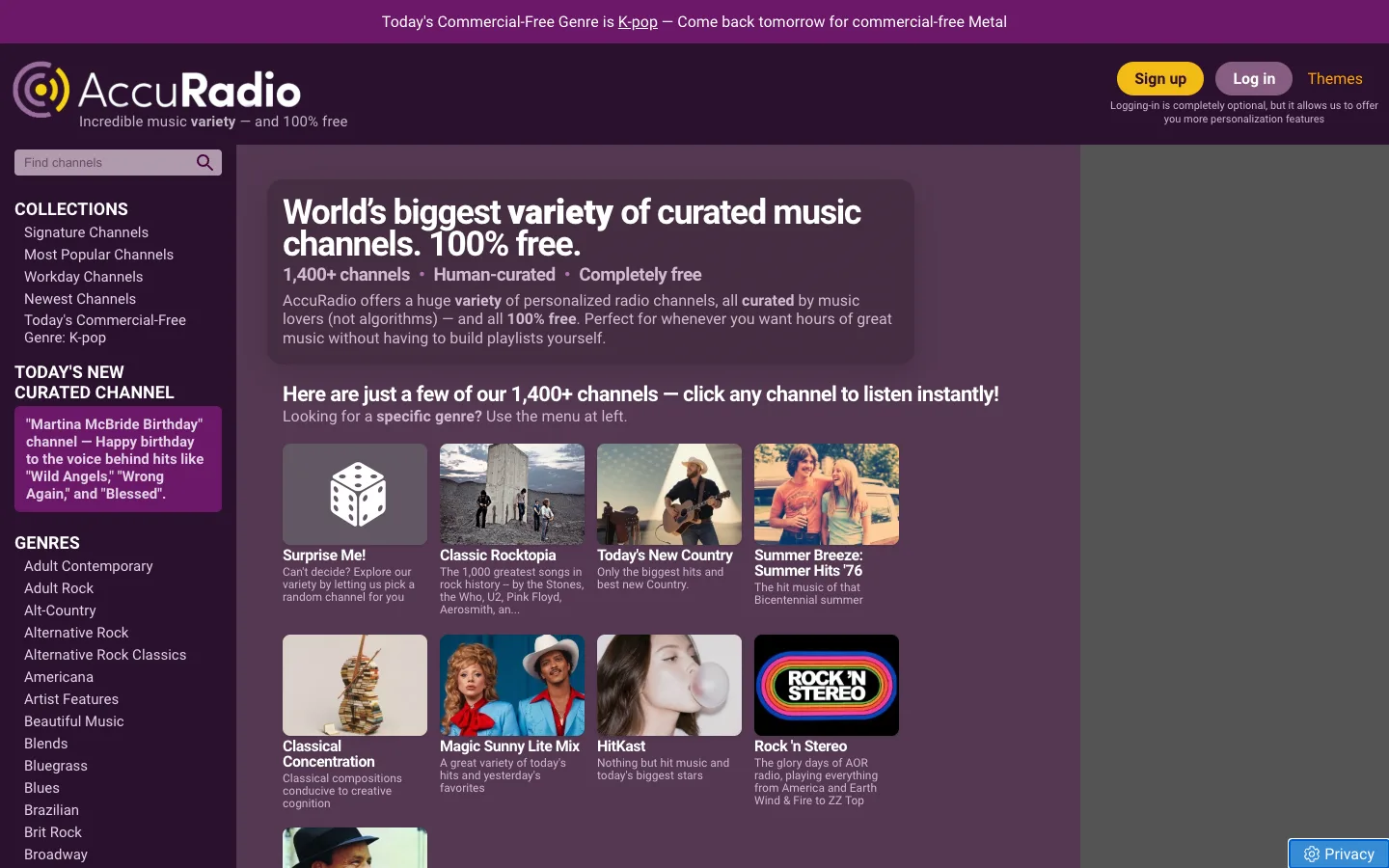 AccuRadio public page showing free human-curated genre channels and optional account controls