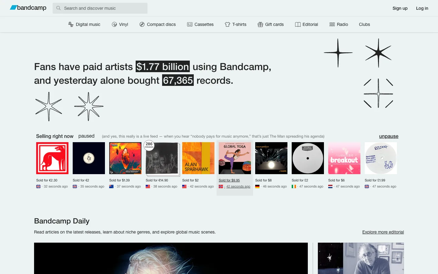 Bandcamp public home page showing artist releases, direct fan purchases, editorial discovery, and genre navigation