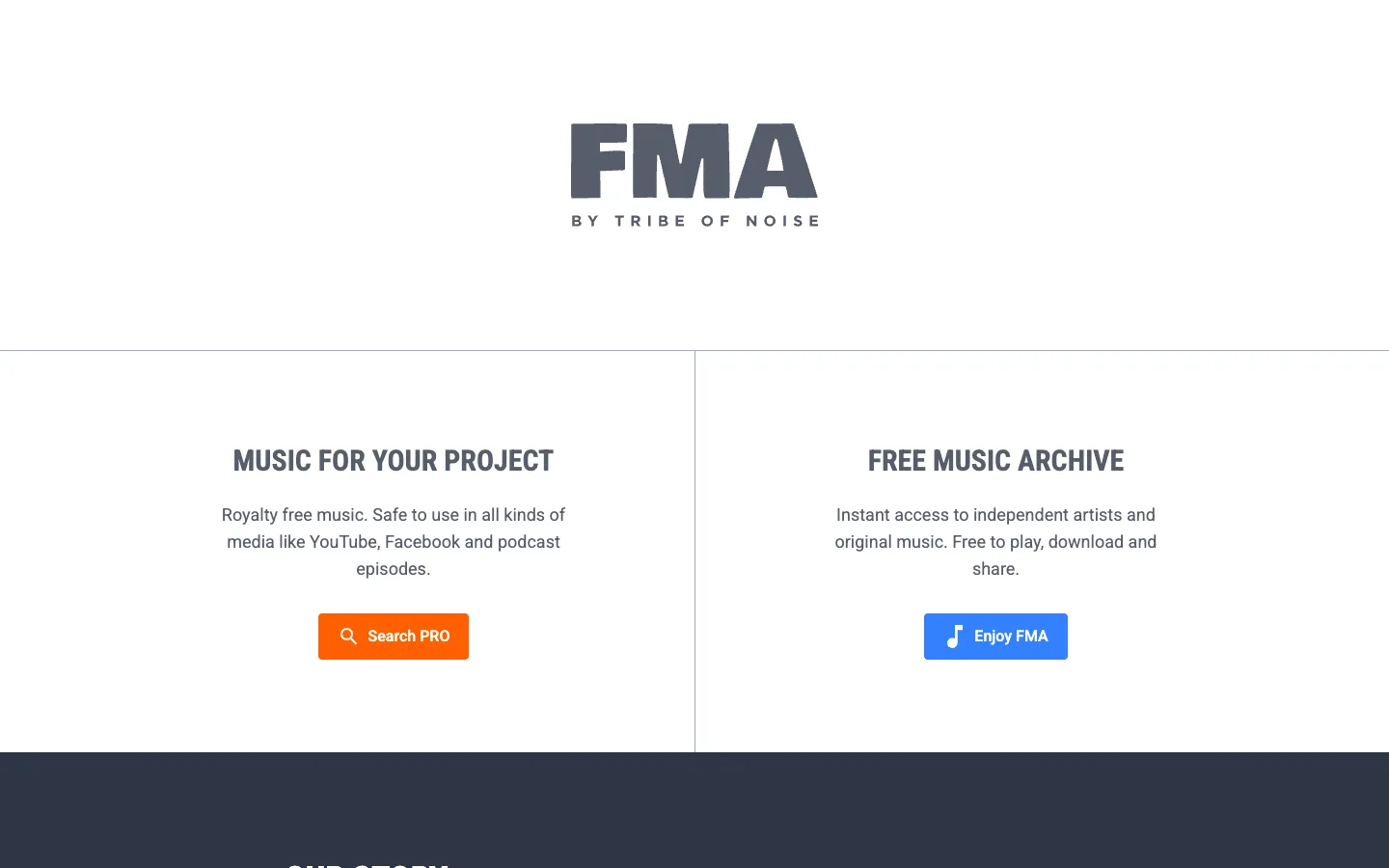 Free Music Archive public page separating free music exploration from royalty-free project licensing