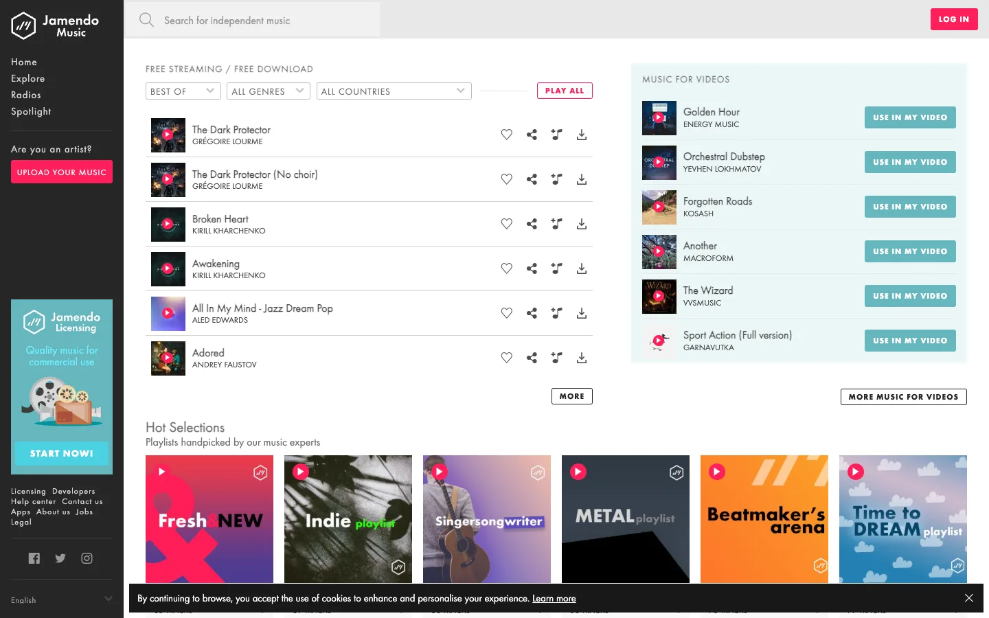 Jamendo Music public page showing independent tracks, free streaming controls, and music licensing options