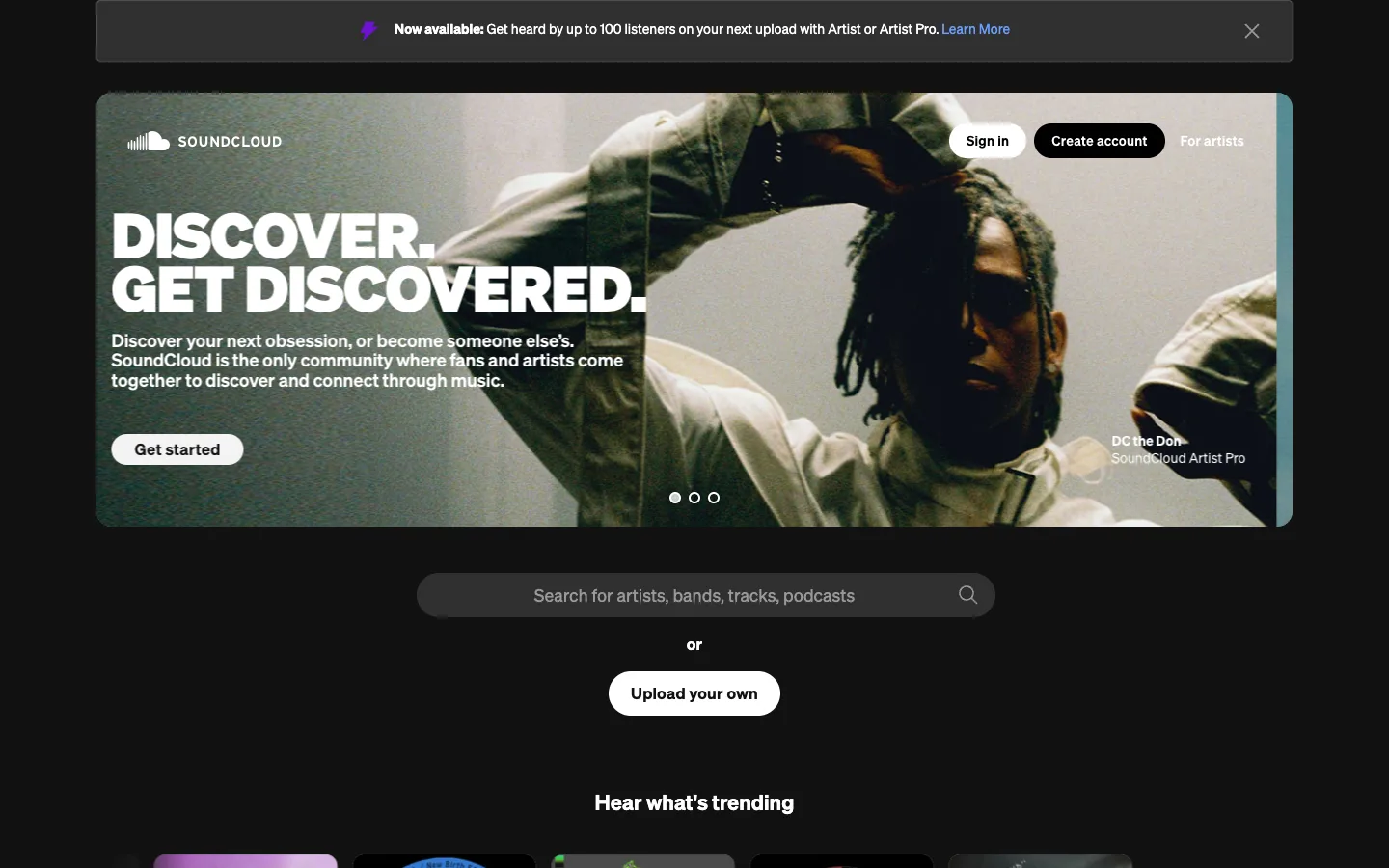 SoundCloud public home page showing music discovery, search, creator uploads, and account options