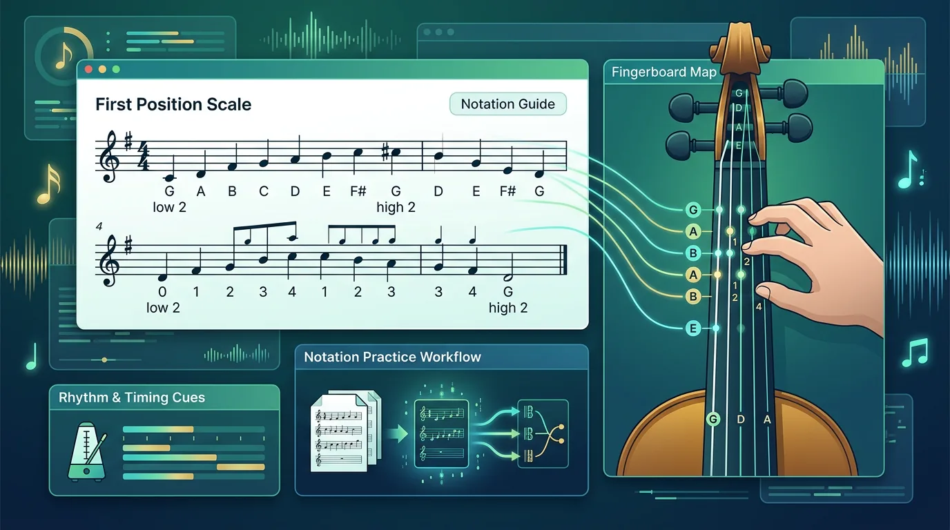 Violin scale notes moving from open strings into first-position practice