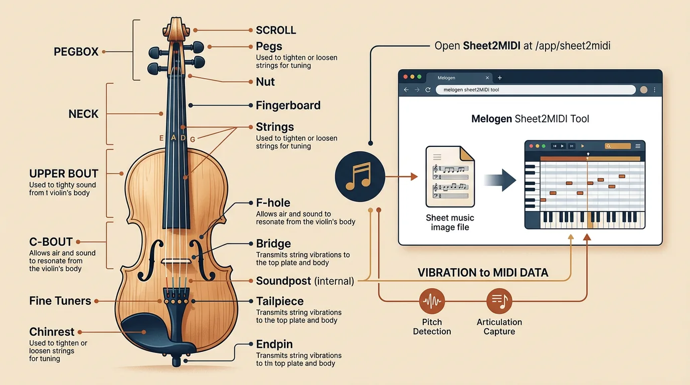 Editorial cover illustration for Violin Parts Names and What Each Part Does