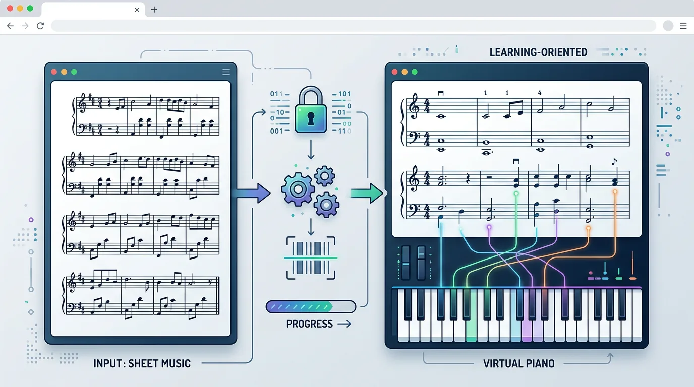 Editorial cover illustration for Virtual Piano Music Sheets for Roblox: Safe Workflow