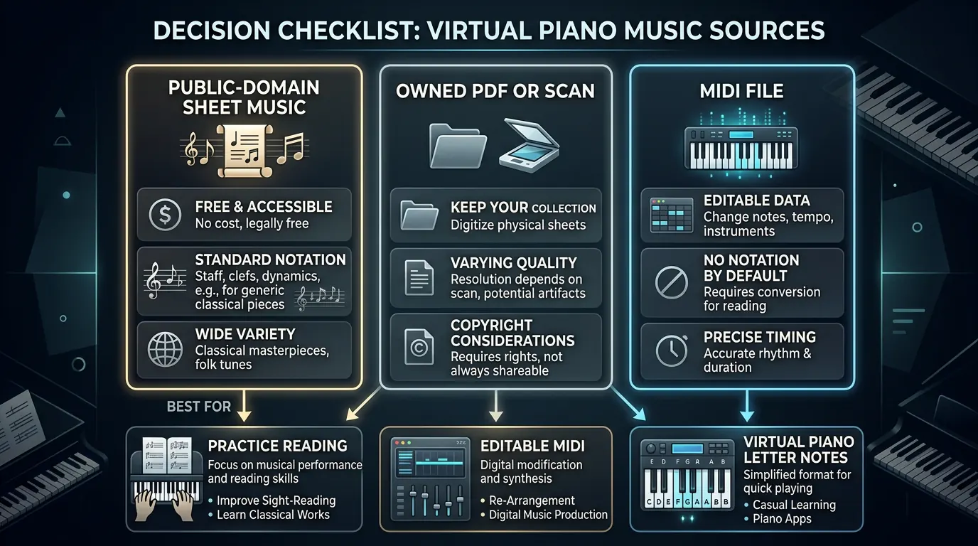 Decision checklist for choosing between sheet music, MIDI, and virtual piano letter notes