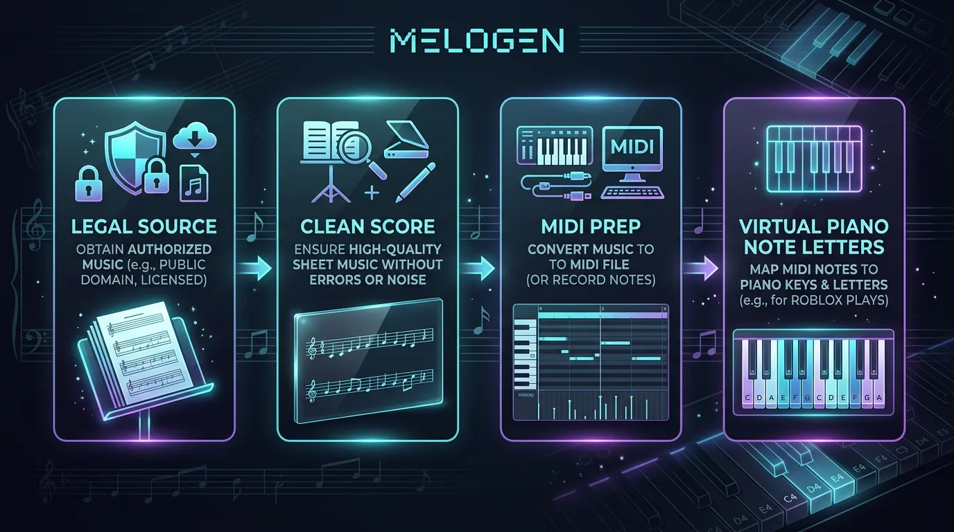 Workflow map from legal sheet music source to MIDI prep and virtual piano note letters