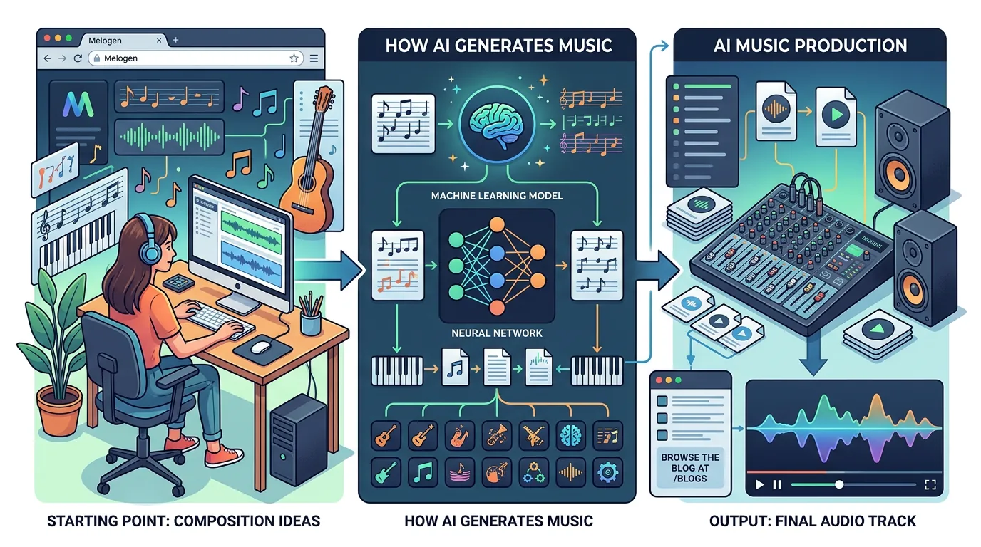 Editorial AI music workflow with waveforms, MIDI notes, and creator editing cues