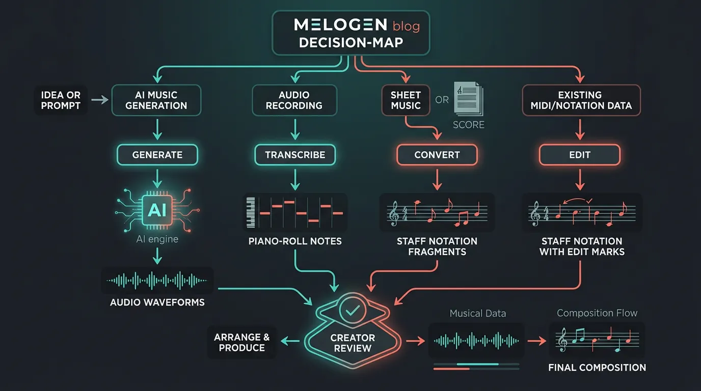 Decision map separating AI music generation from transcription, notation, and editing workflows
