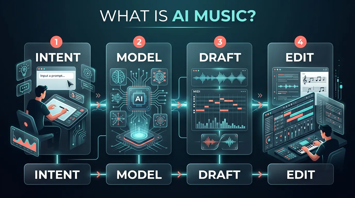 AI music workflow showing prompt, model draft, human editing, and final music decisions