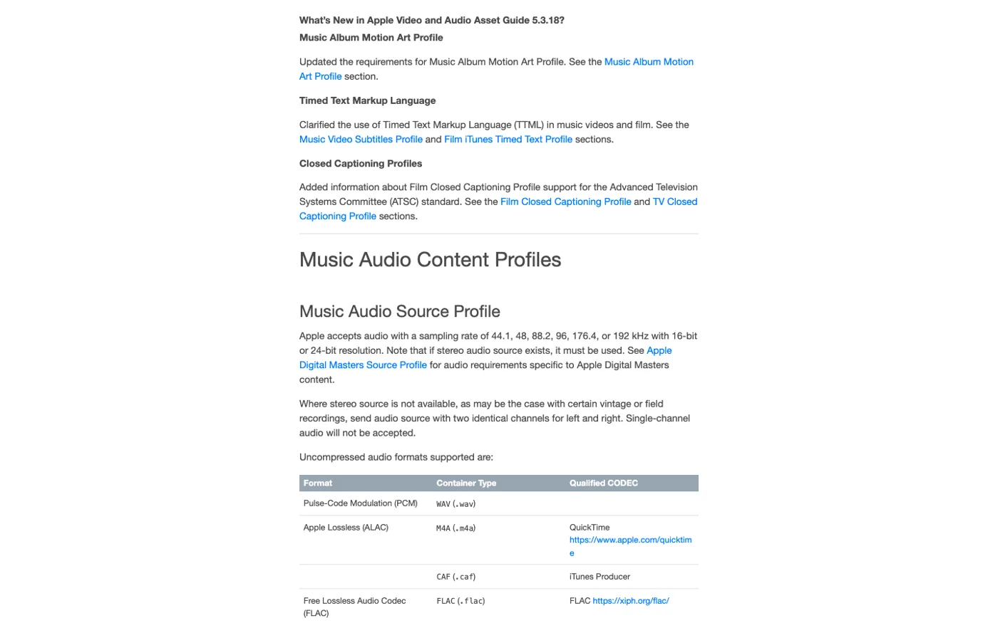 Apple audio asset guide section showing M4A and lossless source format requirements