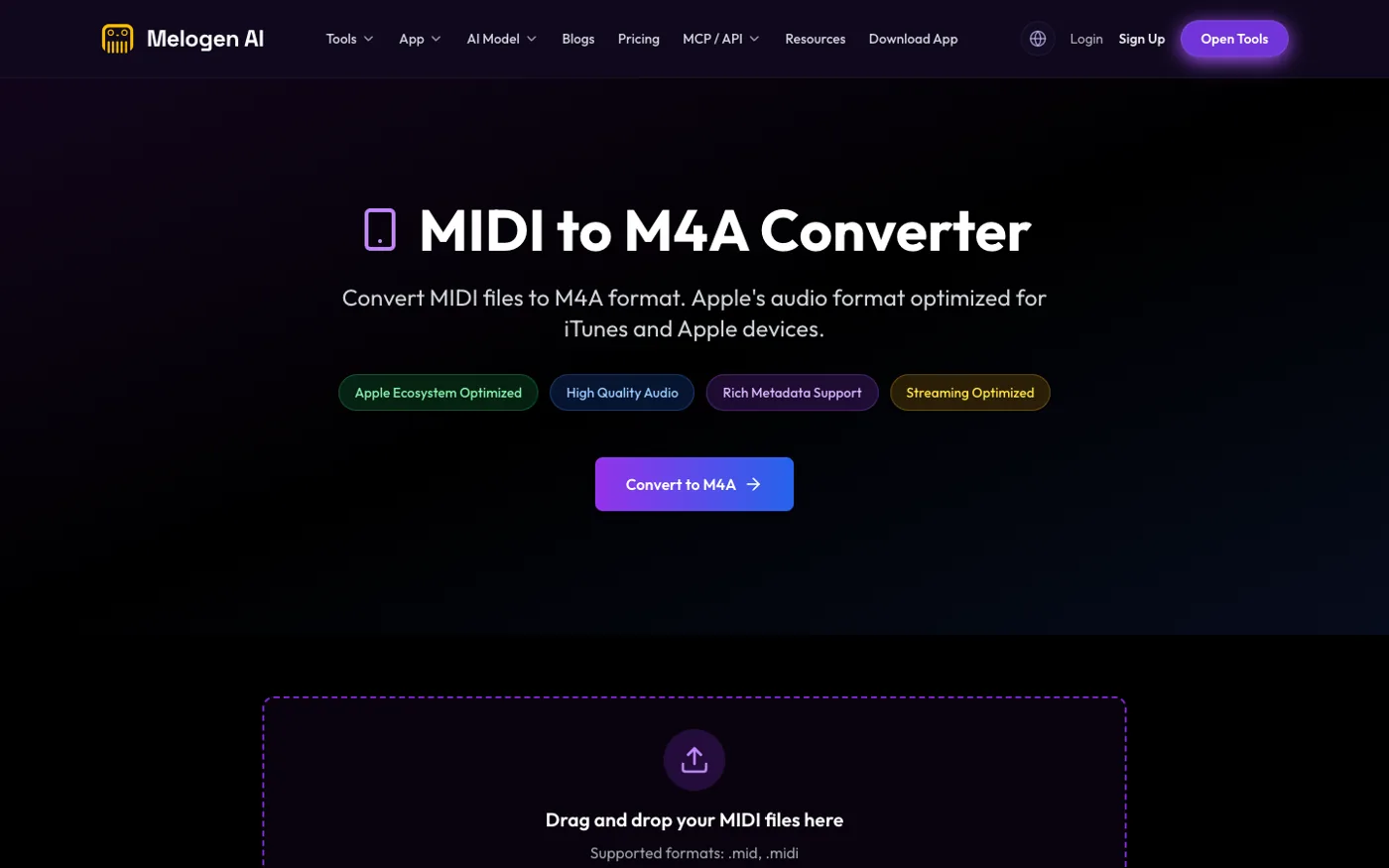 Melogen MIDI to M4A tool page for rendering owned MIDI music files