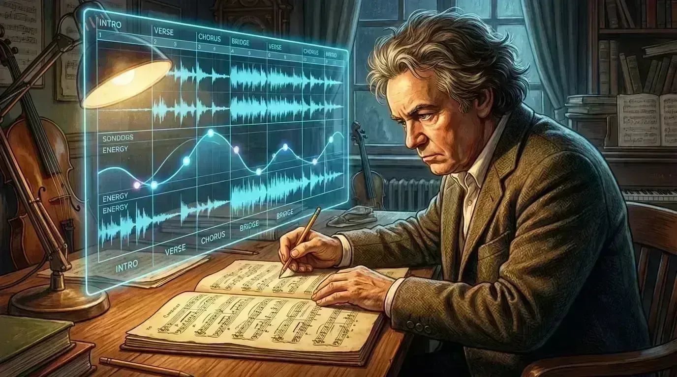 Classical scores blending with a modern DAW timeline, showing a structural map that links notation and audio energy