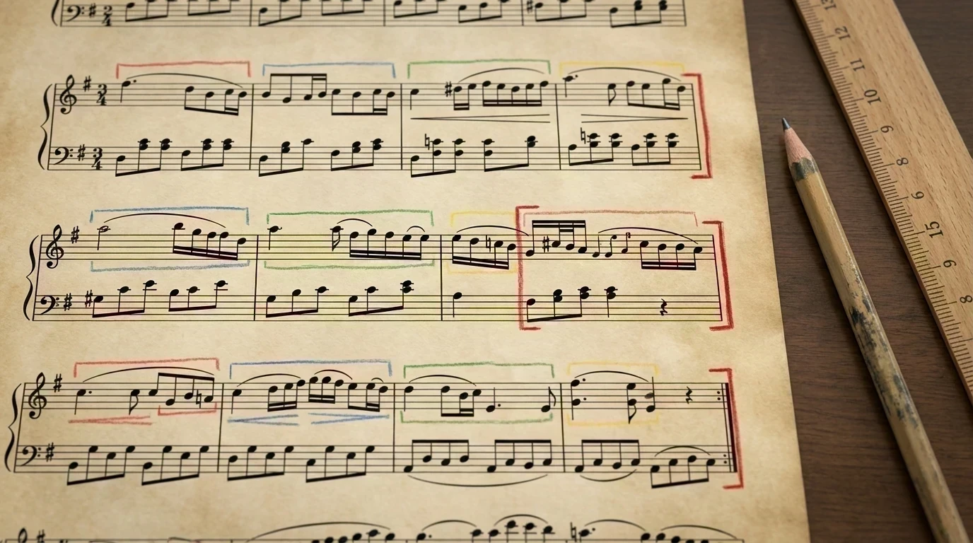 Annotated classical score with highlighted motifs, cadences, and modulations over a sonata arch